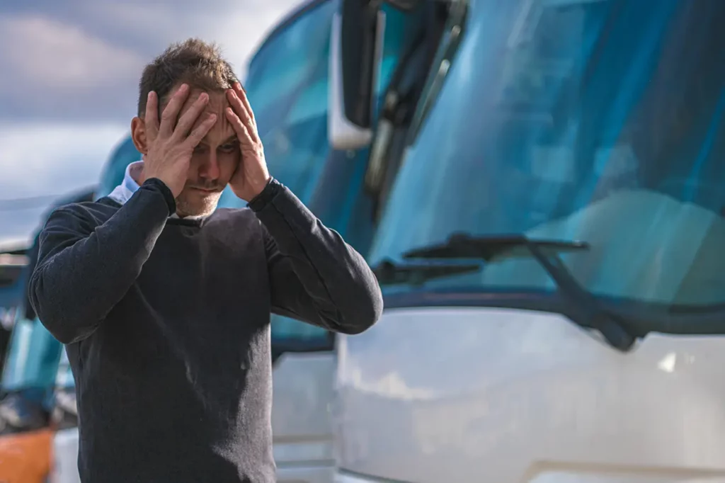 Verzweifelter Unternehmer, der ein Nutzfahrzeuggutachten benötigt um Ausfallzeiten seiner Flotte zu dokumentieren
